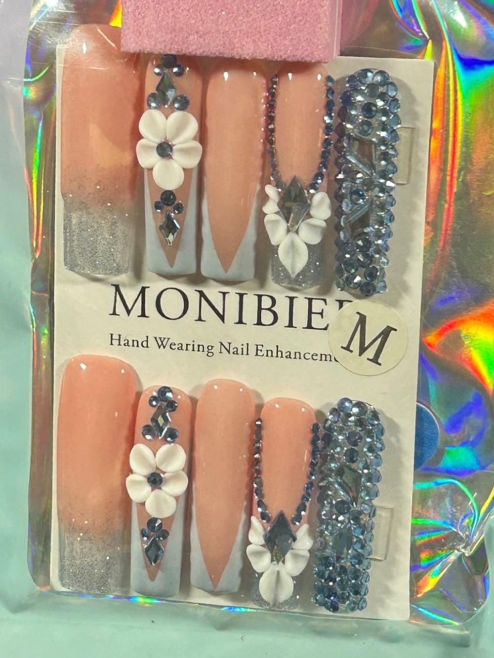 Coquette Glam Press On Nails Peach Nude Rhinestone 3D Floral Elegant Feminine